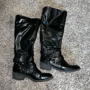 Women’s high black boots, size 8, pink and pepper
